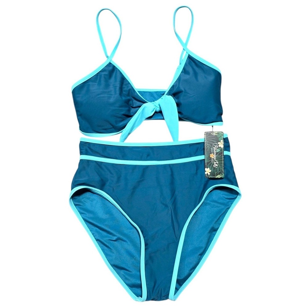 NEW Blooming Jelly Blue Two Piece‎ High Waisted Tie Front Bikini Swimsuit Size M